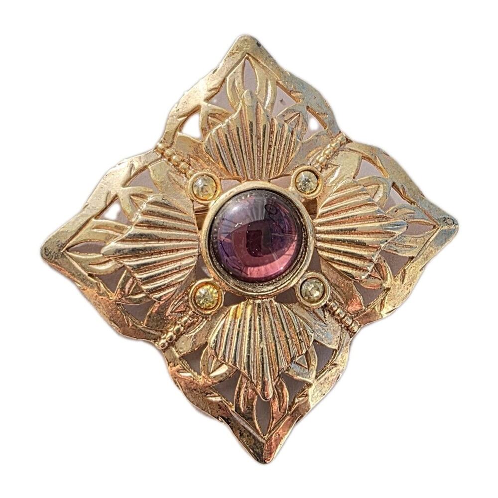 Vintage Victorian Style Gold Toned Diamond Purple Cabochon Rhinestone Brooch